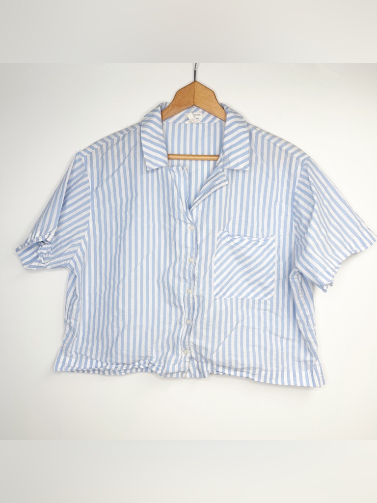 Aerie Poplin Pajama Shirt Blue & White Striped Short Sleeve 100% Cotton Medium